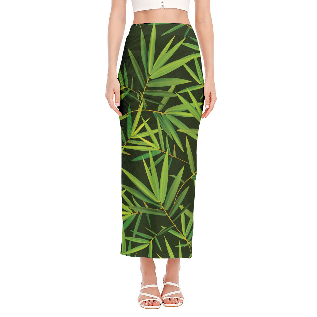 Green Bamboo Leaf Pattern Print Side Slit Maxi Skirt