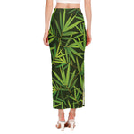 Green Bamboo Leaf Pattern Print Side Slit Maxi Skirt