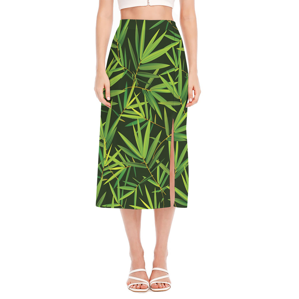 Green Bamboo Leaf Pattern Print Side Slit Midi Skirt