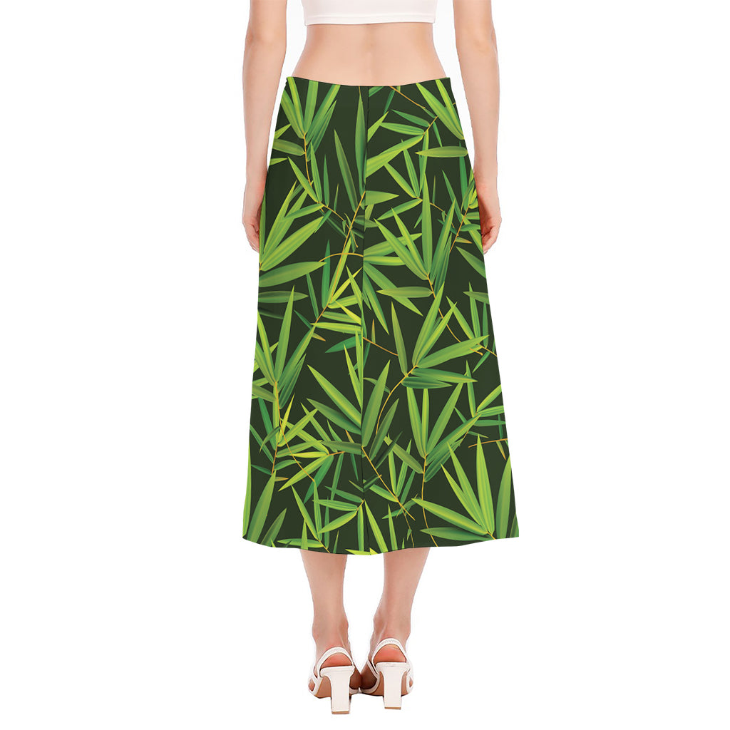 Green Bamboo Leaf Pattern Print Side Slit Midi Skirt