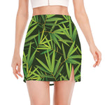 Green Bamboo Leaf Pattern Print Side Slit Mini Skirt