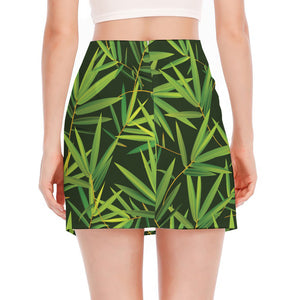 Green Bamboo Leaf Pattern Print Side Slit Mini Skirt