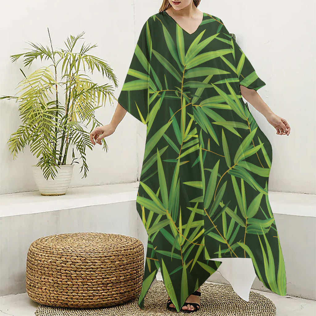 Green Bamboo Leaf Pattern Print Silk V-Neck Kaftan Dress