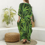 Green Bamboo Leaf Pattern Print Silk V-Neck Kaftan Dress