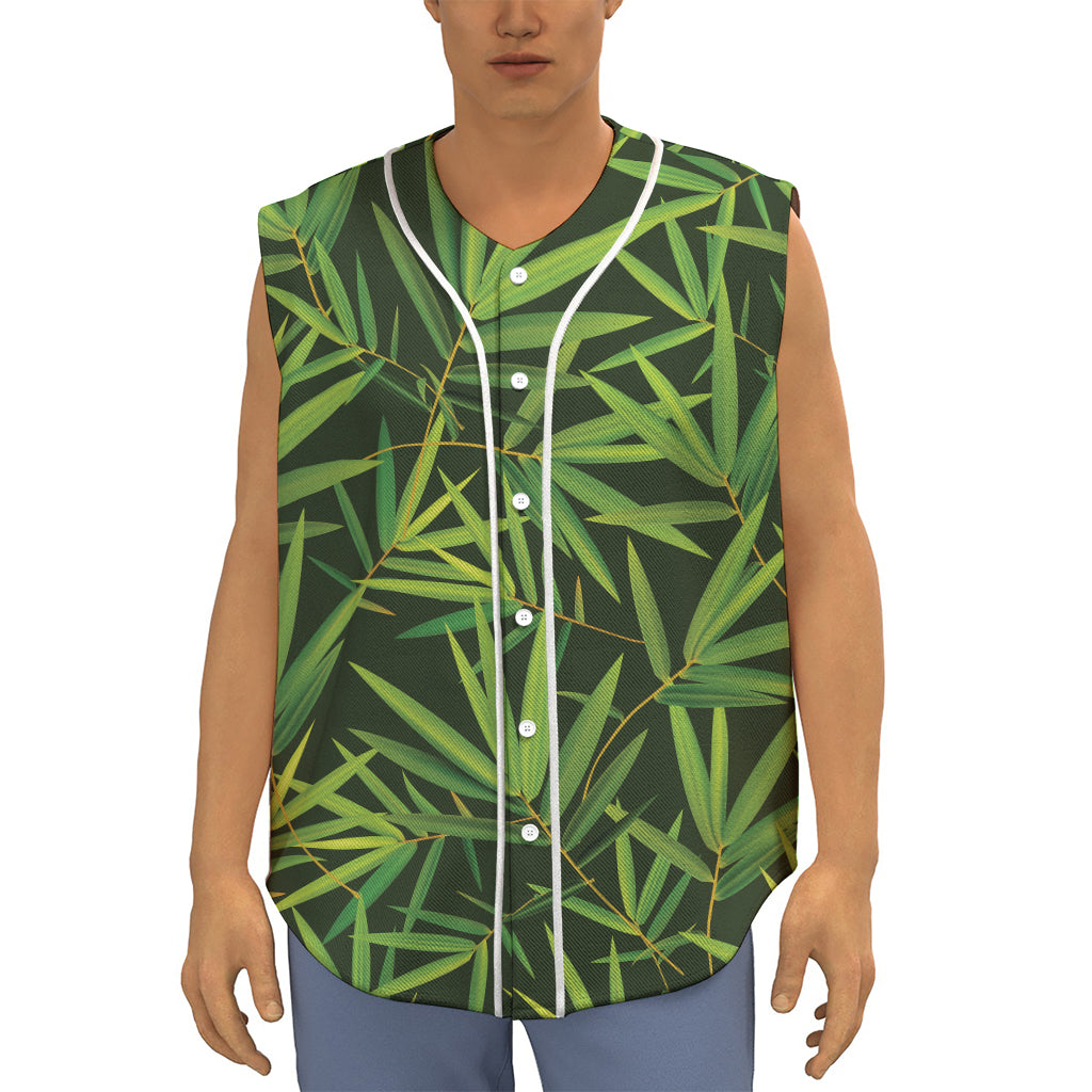 Green Bamboo Leaf Pattern Print Sleeveless Baseball Jersey