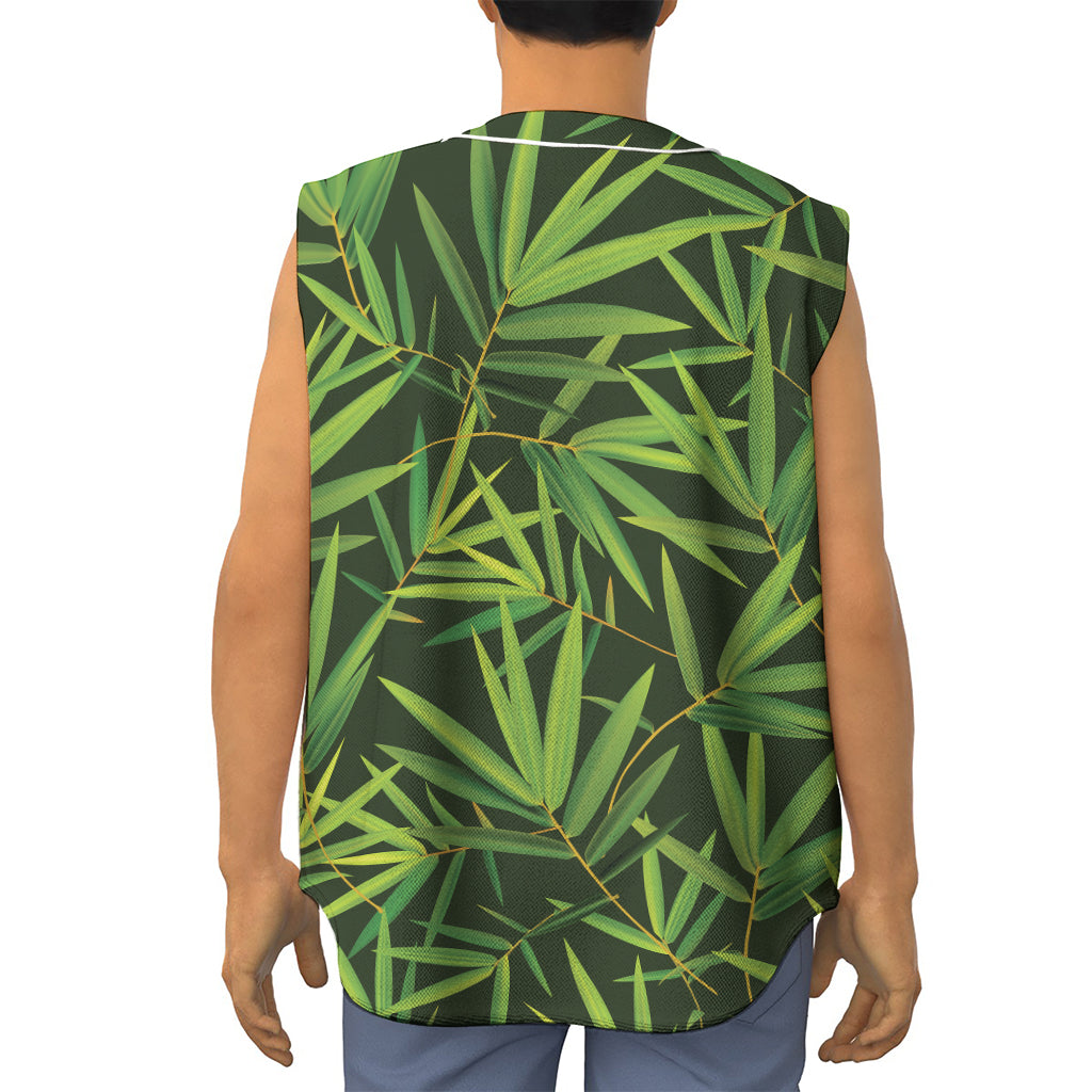 Green Bamboo Leaf Pattern Print Sleeveless Baseball Jersey