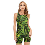 Green Bamboo Leaf Pattern Print Sleeveless One Piece Swimsuit