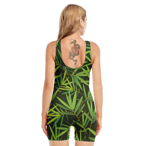 Green Bamboo Leaf Pattern Print Sleeveless One Piece Swimsuit