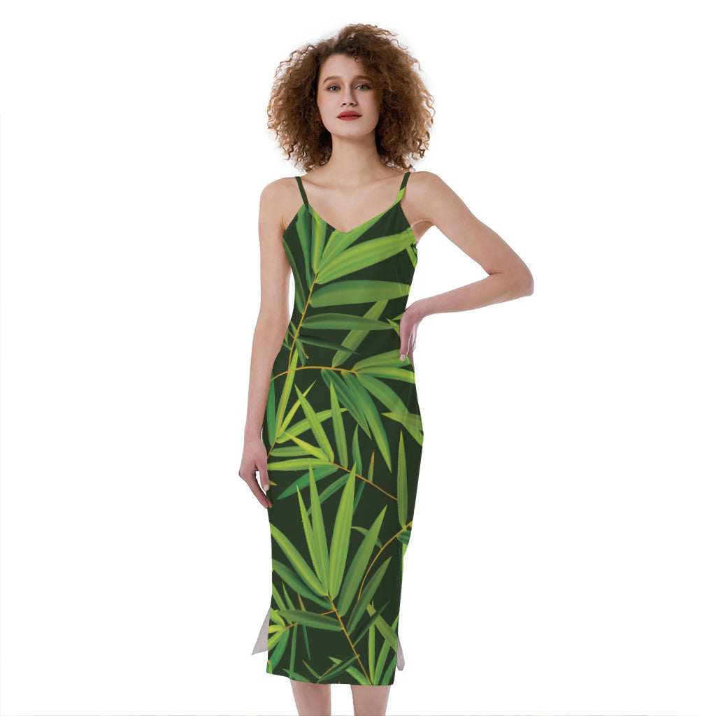 Green Bamboo Leaf Pattern Print Slim Fit Midi Cami Dress