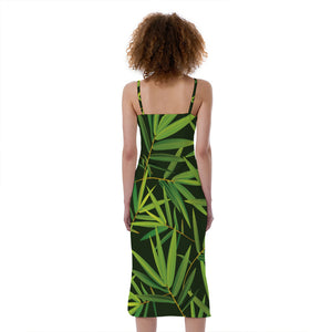 Green Bamboo Leaf Pattern Print Slim Fit Midi Cami Dress