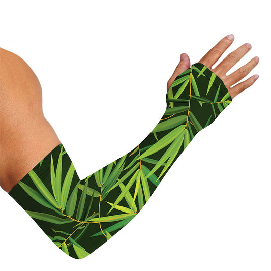 Green Bamboo Leaf Pattern Print Sun Protection Arm Sleeves