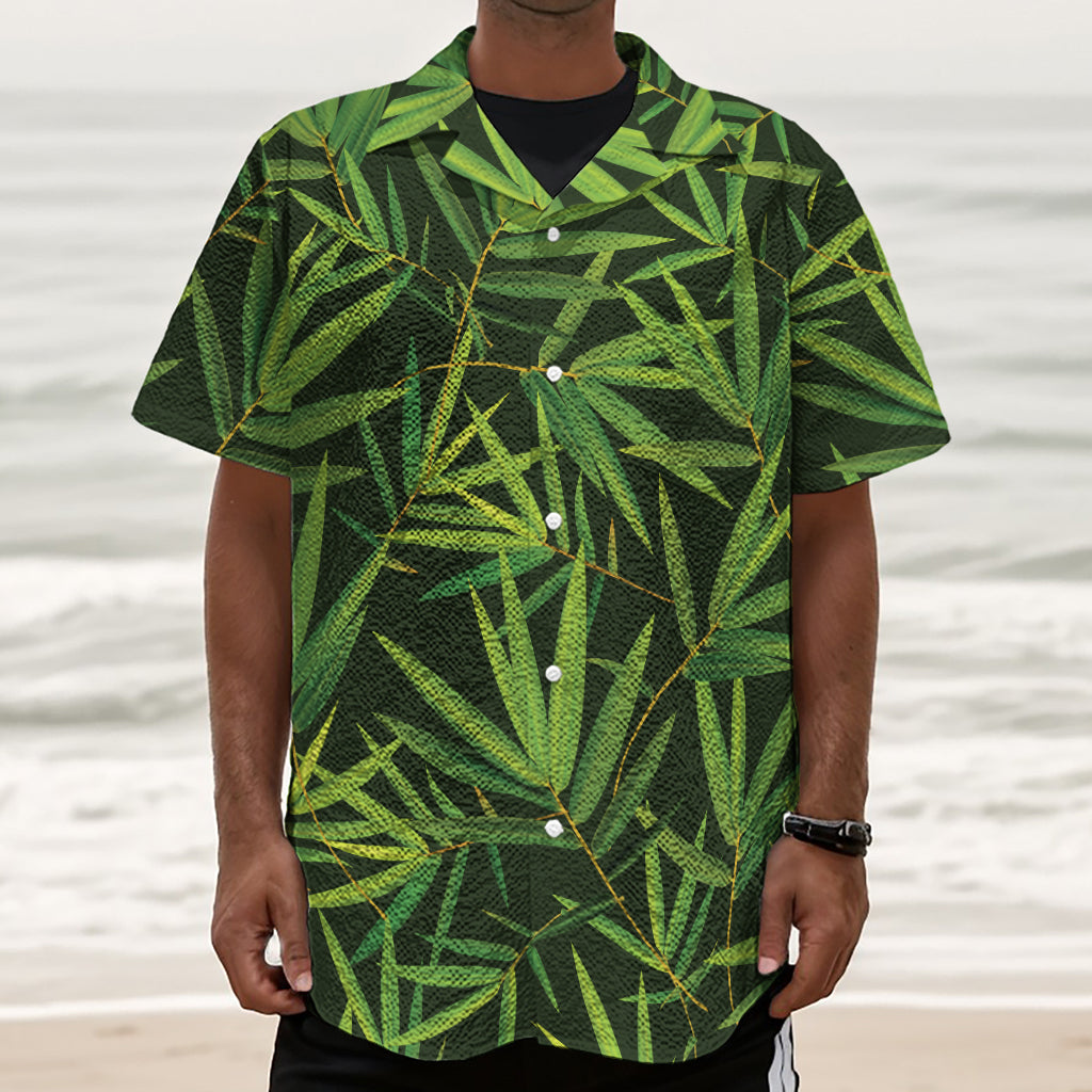 Green Bamboo Leaf Pattern Print Textured Short Sleeve Shirt