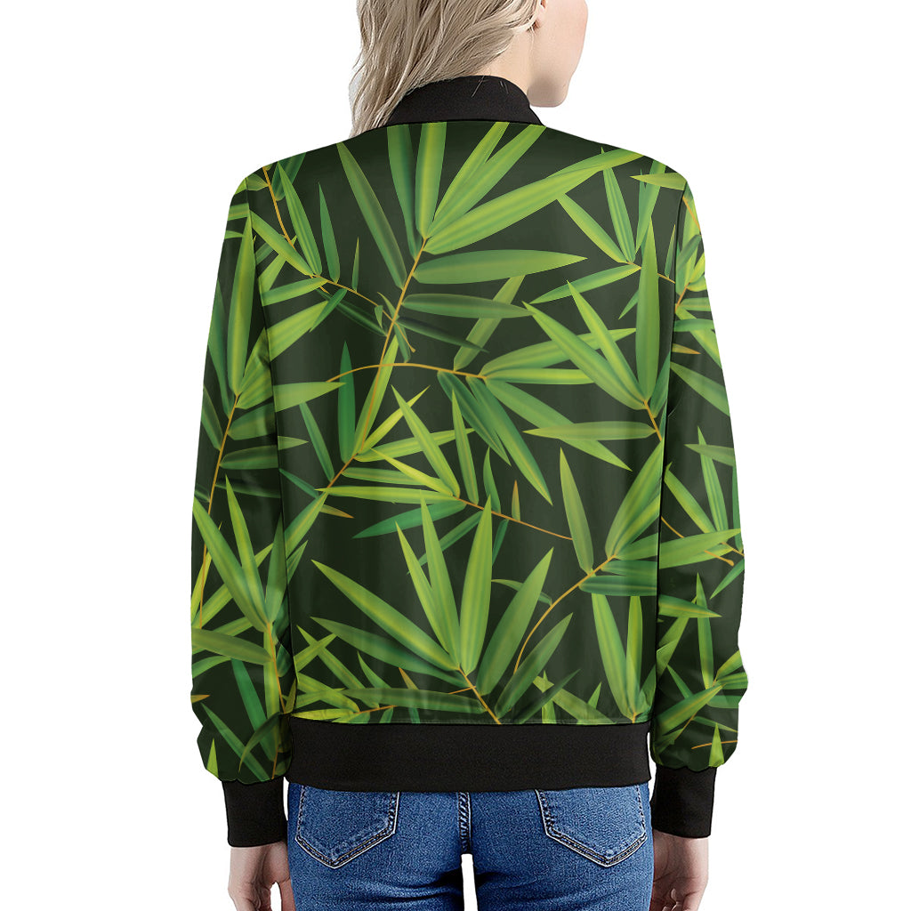 Green Bamboo Leaf Pattern Print Women's Bomber Jacket