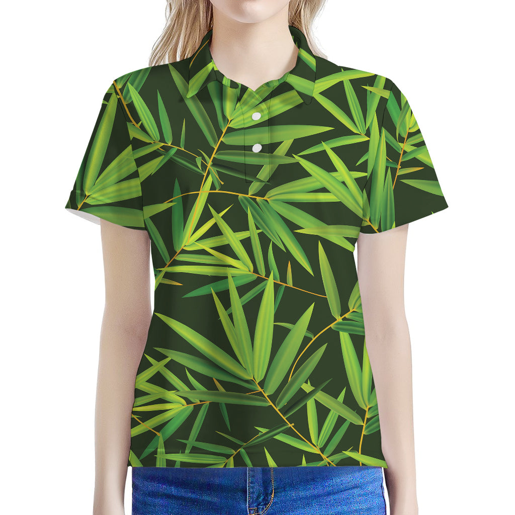 Green Bamboo Leaf Pattern Print Women's Polo Shirt