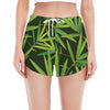 Green Bamboo Leaf Pattern Print Women's Split Running Shorts