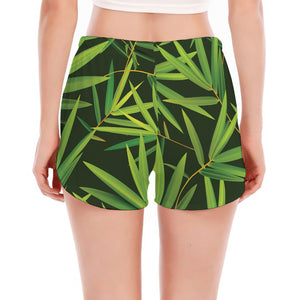 Green Bamboo Leaf Pattern Print Women's Split Running Shorts