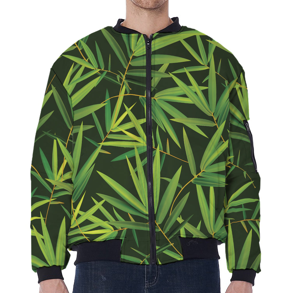 Green Bamboo Leaf Pattern Print Zip Sleeve Bomber Jacket