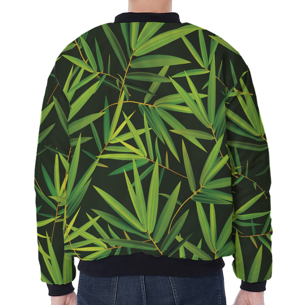 Green Bamboo Leaf Pattern Print Zip Sleeve Bomber Jacket