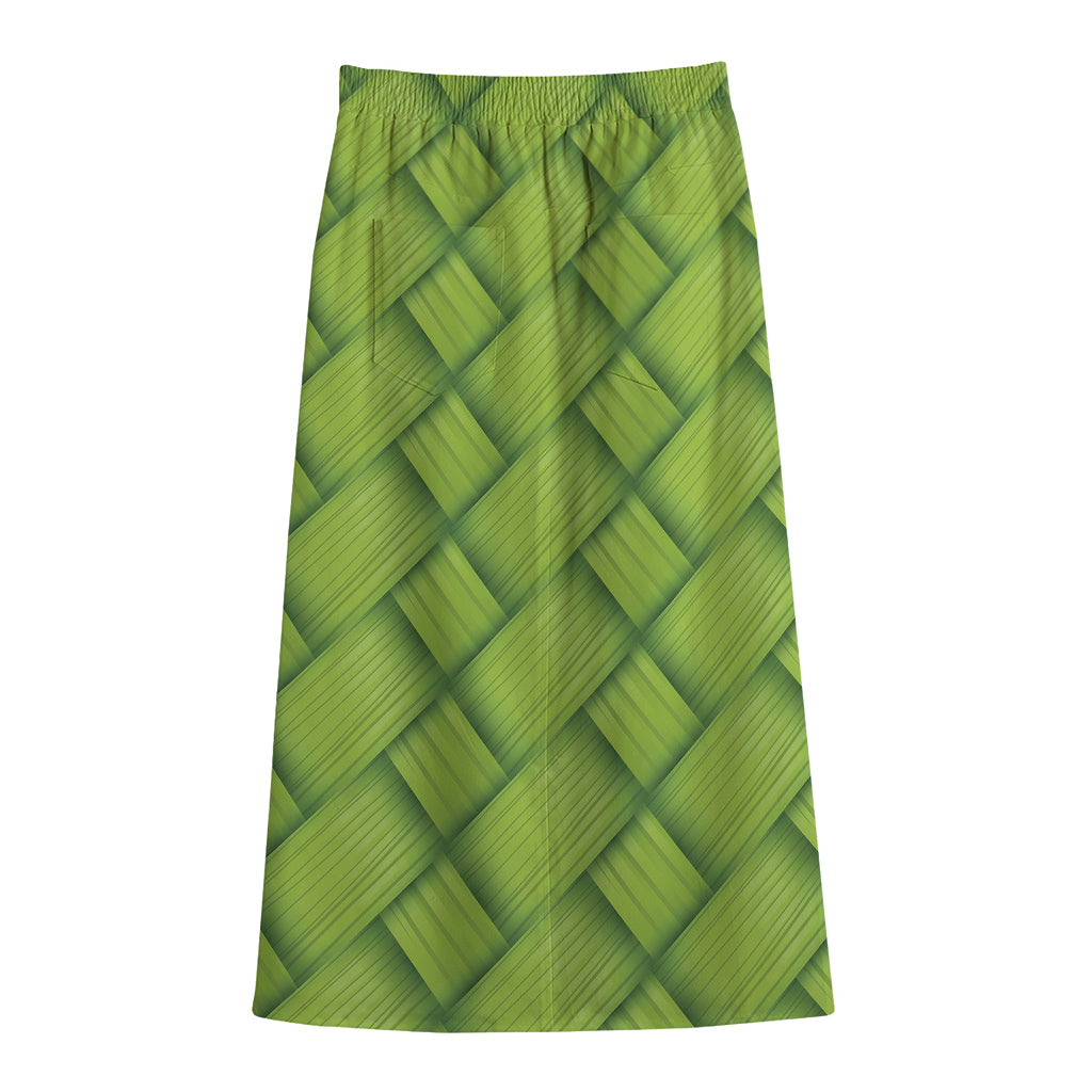 Green Bamboo Print Cotton Front Slit Maxi Skirt