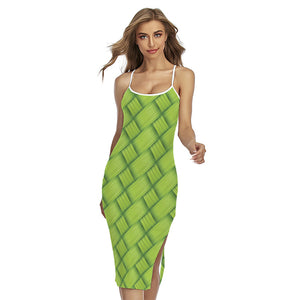 Green Bamboo Print Cross Back Cami Dress