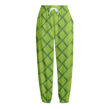 Green Bamboo Print Fleece Lined Knit Pants