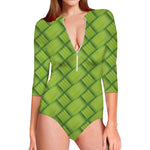 Green Bamboo Print Long Sleeve Swimsuit