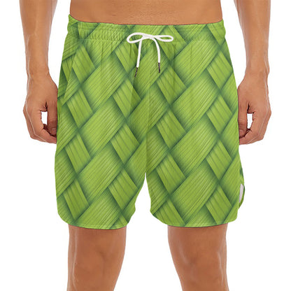 Green Bamboo Print Men's Split Running Shorts