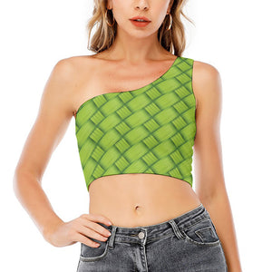 Green Bamboo Print One Shoulder Crop Top