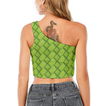 Green Bamboo Print One Shoulder Crop Top