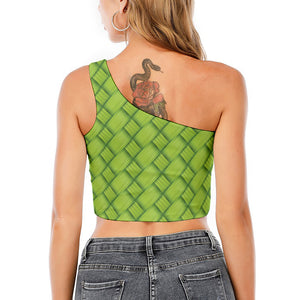 Green Bamboo Print One Shoulder Crop Top