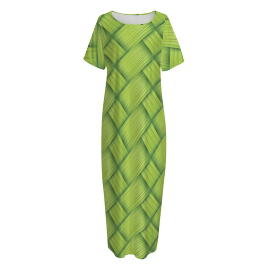 Green Bamboo Print Short Sleeve Long Nightdress