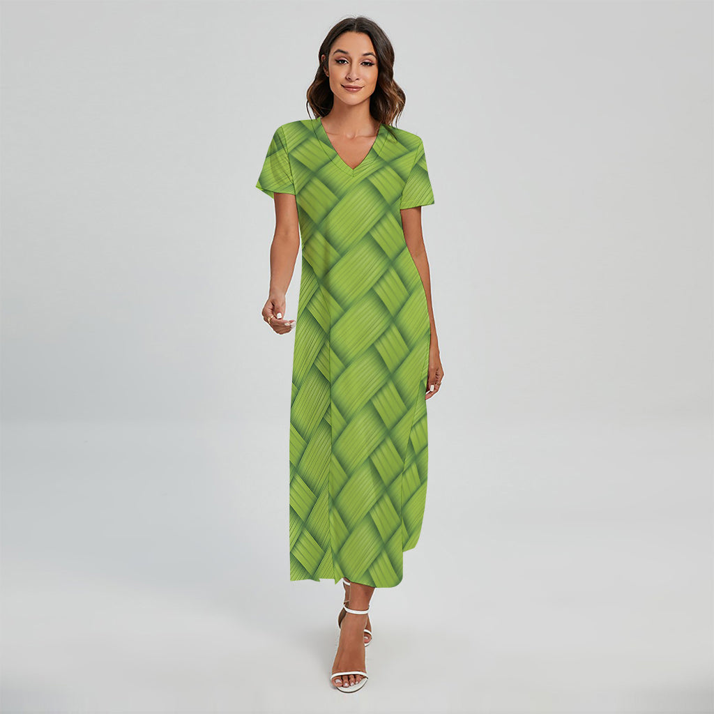 Green Bamboo Print Short Sleeve Maxi Dress