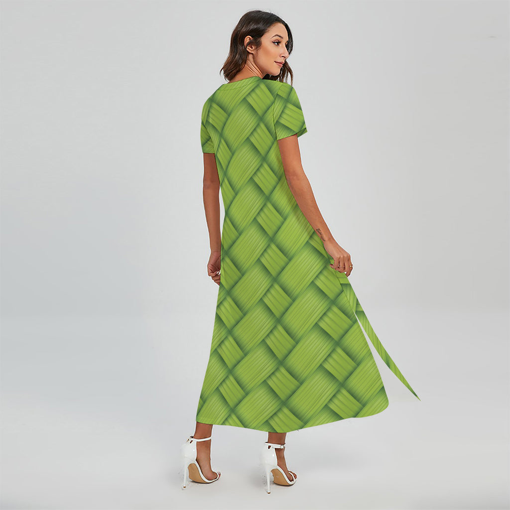 Green Bamboo Print Short Sleeve Maxi Dress