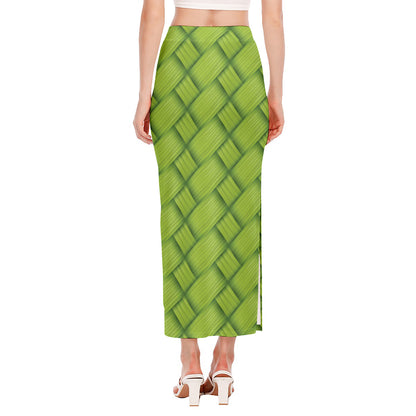 Green Bamboo Print Side Slit Maxi Skirt