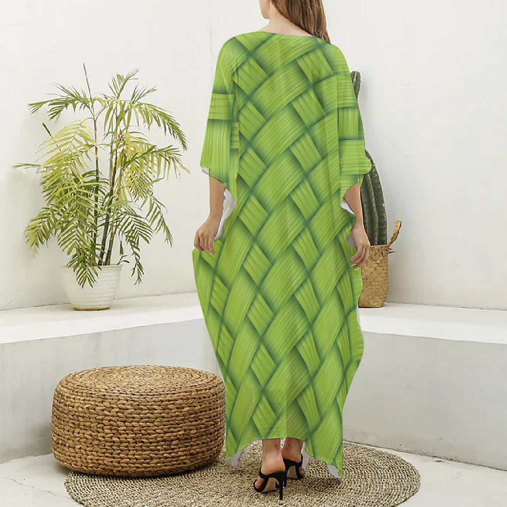 Green Bamboo Print Silk V-Neck Kaftan Dress