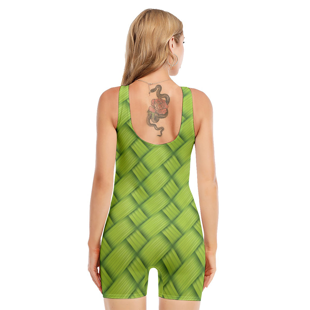 Green Bamboo Print Sleeveless One Piece Swimsuit