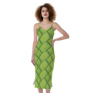 Green Bamboo Print Slim Fit Midi Cami Dress