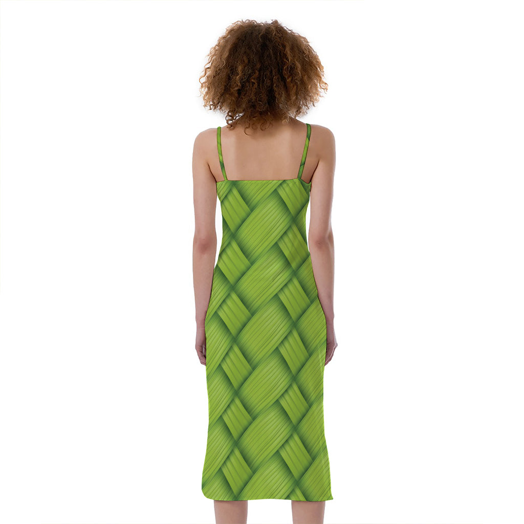 Green Bamboo Print Slim Fit Midi Cami Dress