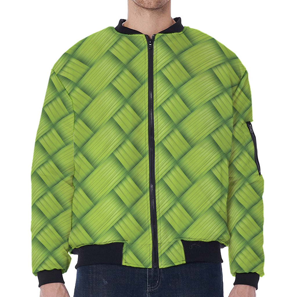 Green Bamboo Print Zip Sleeve Bomber Jacket