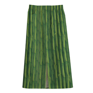 Green Bamboo Tree Pattern Print Cotton Front Slit Maxi Skirt