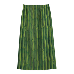 Green Bamboo Tree Pattern Print Cotton Front Slit Maxi Skirt