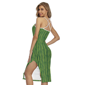 Green Bamboo Tree Pattern Print Cross Back Cami Dress