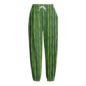 Green Bamboo Tree Pattern Print Fleece Lined Knit Pants