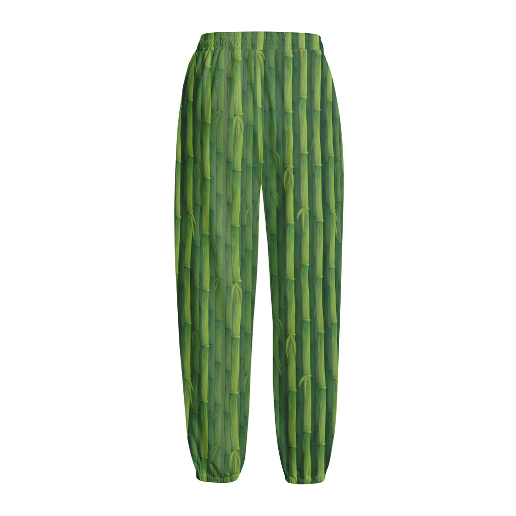 Green Bamboo Tree Pattern Print Fleece Lined Knit Pants