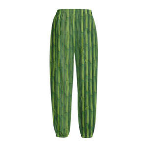 Green Bamboo Tree Pattern Print Fleece Lined Knit Pants