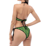 Green Bamboo Tree Pattern Print Halter Scoop Tie Side Bikini