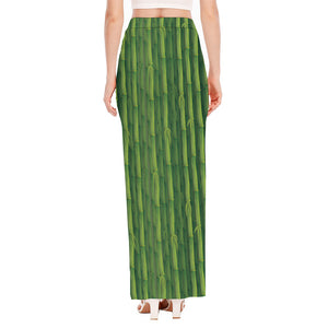 Green Bamboo Tree Pattern Print High Slit Maxi Skirt