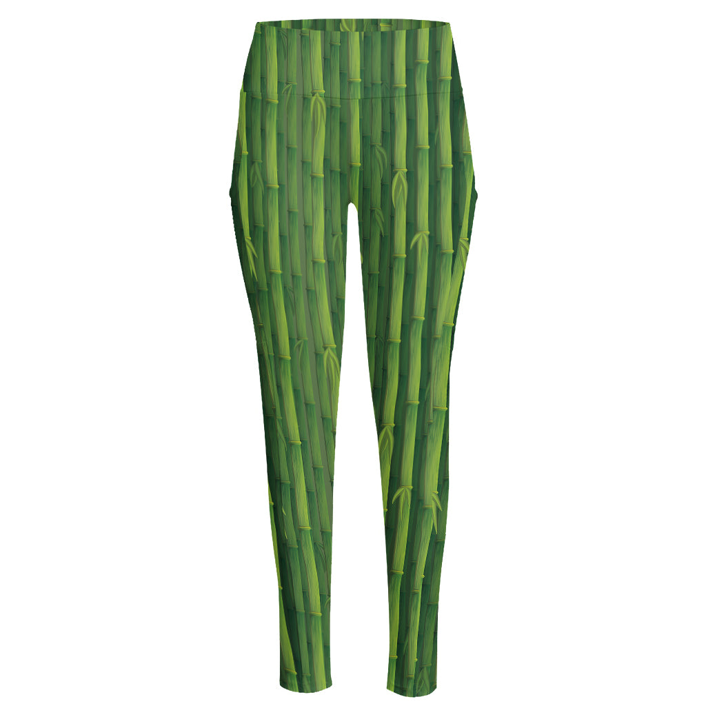 Green Bamboo Tree Pattern Print High-Waisted Pocket Leggings