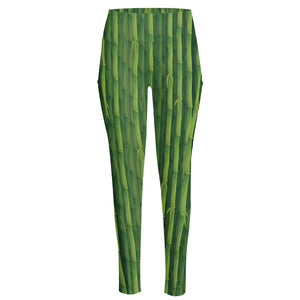 Green Bamboo Tree Pattern Print High-Waisted Pocket Leggings