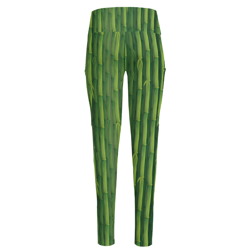 Green Bamboo Tree Pattern Print High-Waisted Pocket Leggings